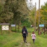 A parent and child walking on a path in a scenic nature reserve in Croatia, surrounded by lush greenery.